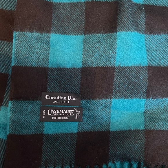 Vintage Christian Dior Monsieur Teal Black Plaid Fringe Scarf Men’s